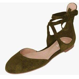 YDN Olive Round Toe Ankle Wrap D'Orsay Ballet Flats Lace Up Cutout Suede Shoes